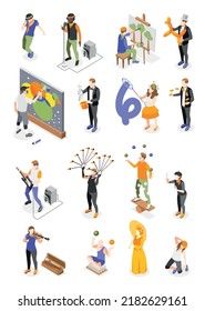 Set with isolated human characters of street artists with isometric icons of performance tools and materials vector illustration