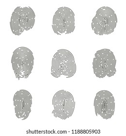 Set of isolated human fingertips or identity fingerprints. Thumbprint of man or woman imprint in macro. Authorization mark for verification or personal key, password for authorization. Hand and touch