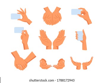 Set of isolated human hands gesture. Sign of hold, take and give, peace and growth, nature care and love grip. Arm holding empty or blank visit or credit card. Gesticulation and people theme