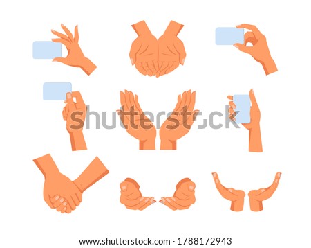 Set of isolated human hands gesture. Sign of hold, take and give, peace and growth, nature care and love grip. Arm holding empty or blank visit or credit card. Gesticulation and people theme