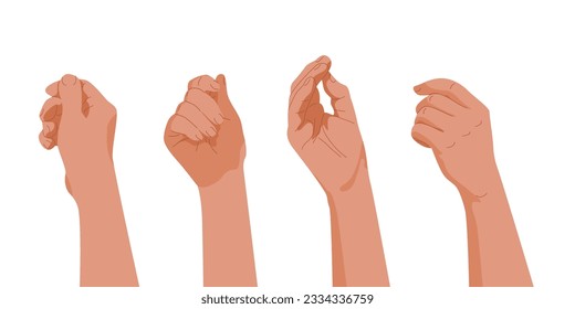 Set of isolated human hands, palm and fingers laid in gestures of holding or giving something. You need it for brochures, booklets where hand holds object, note or speech bubble. Vector illustration.