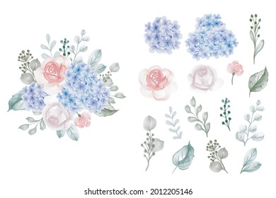 set of isolated hydrangea blue with rose watercolor illustration