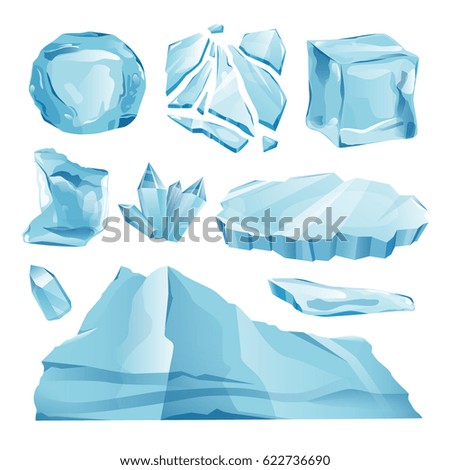 Set Isolated ice caps snowdrifts and icicles elements winter decor vector. Ice cube with transparency, 3d vector set. Snowy elements on white background. Template in cartoon style for your design