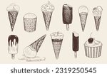 Set of  isolated ice cream sketch. Ice cream in cone waffle and paper bowl. Bitten popsicle. Chocolate glaze sundae. Fallen melted ice cream. Chocolate topping. Frozen dessert with cherry. Gelato