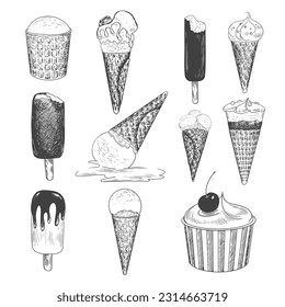 Set of  isolated ice cream sketch. Ice cream in cone waffle and paper bowl. Bitten popsicle. Chocolate glaze sundae. Fallen melted ice cream. Chocolate topping. Frozen dessert with cherry. Gelato