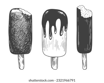 Set of isolated ice cream sketch. Collection of ice cream on stick with chocolate glaze. Bitten popsicle. Frozen dessert with Chocolate topping. Black and white gelato drawing with hatching.