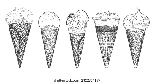 Set of isolated ice cream sketch. Collection of different ice cream in cone waffle. Frozen dessert in waffle cup. Black and white gelato drawing with hatching.