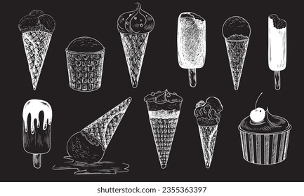 Set of  isolated ice cream sketch. Drawn on chalkboard ice cream in cone waffle and ice lolly isolated on black background. Bitten popsicle. Chocolate glaze sundae. Fallen melted ice cream