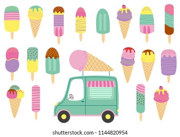set of isolated ice cream and truck - vector illustration, eps