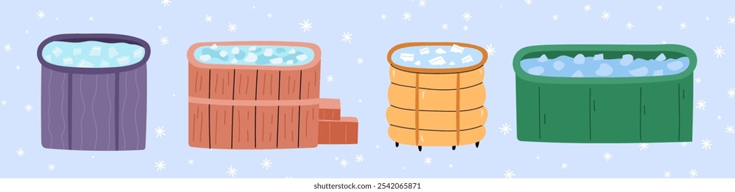 Conjunto de ilustraciones aisladas de vainas de hielo para el alivio del estrés y la relajación durante la crioterapia. Ilustración vectorial plana dibujada a mano. 