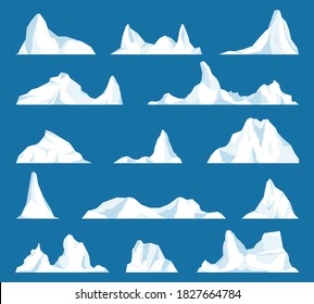 Set of isolated iceberg or drifting arctic glacier. Floating iceberg set. Frozen mountain and icy, frozen liquid and north theme. Design for video games. Arctic. Antarctic. Vector illustration.