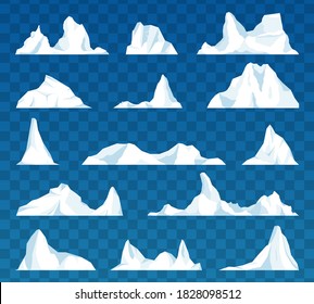 Conjunto de iceberg aislado o glaciar ártico a la deriva. El iceberg flotante. Montaña y hielo congelados, líquido congelado y tema norte. Diseño para videojuegos. Ártico. Antártico. Ilustración vectorial.