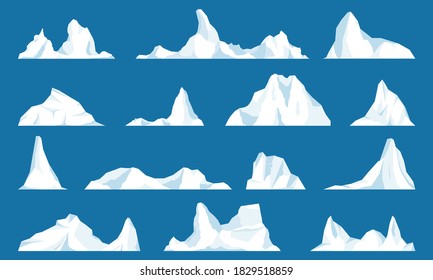 Conjunto de iceberg aislado o glaciar ártico a la deriva. El iceberg flotante. Montaña y hielo congelados, líquido congelado y tema norte. Diseño para videojuegos. Ártico. Antártico. Ilustración vectorial.