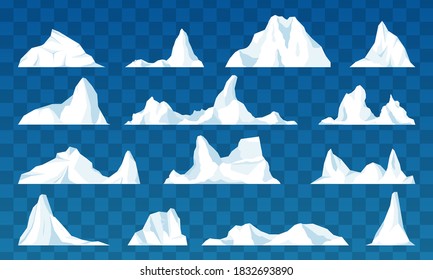 Set of isolated iceberg or drifting arctic glacier. Floating iceberg set. Frozen mountain and icy, frozen liquid and north theme. Design for video games. Arctic. Antarctic. Vector illustration.