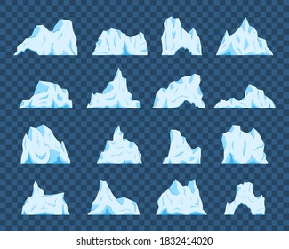 Set of isolated icebergs or drifting arctic glaciers on transparent background. Vector set of floating icebergs in flat cartoon style. Frozen mountain and icy, frozen liquid and north theme.