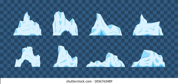 Set of isolated icebergs or drifting arctic glaciers on transparent background. Vector set of floating icebergs in flat cartoon style. Frozen mountain and icy, frozen liquid and north theme.