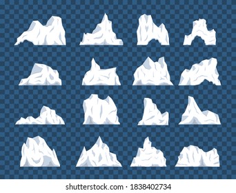 Conjunto de icebergs aislados o glaciares árticos a la deriva sobre un fondo transparente. Conjunto vectorial de icebergs flotantes al estilo de dibujos animados planos. Montaña y hielo congelados, líquido congelado y tema norte.