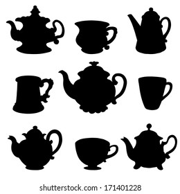 Set isolated icon black silhouette kettles, teapots, coffee pot, cups, mugs. Abstract design logo. Logotype art - vector 