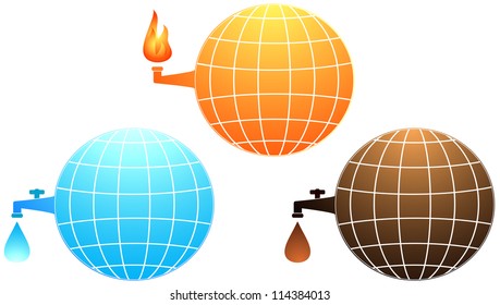 set isolated icon with planet resources - petroleum, water and gas fire