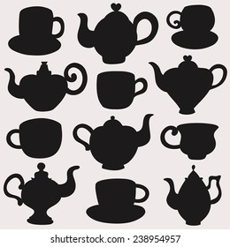 Set isolated icon silhouette  cups, kettles, teapots, coffee pot. Abstract design logo. Logotype art. Vector illustration.