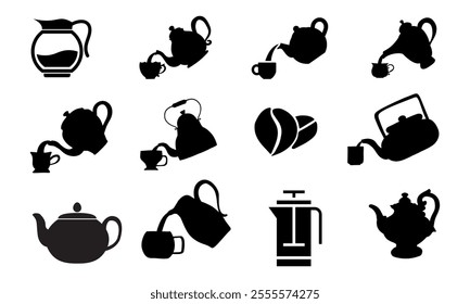 Set of isolated icon silhouette Kettles, Teapots, Coffee pot. Abstract design logo. Logotype art - vector