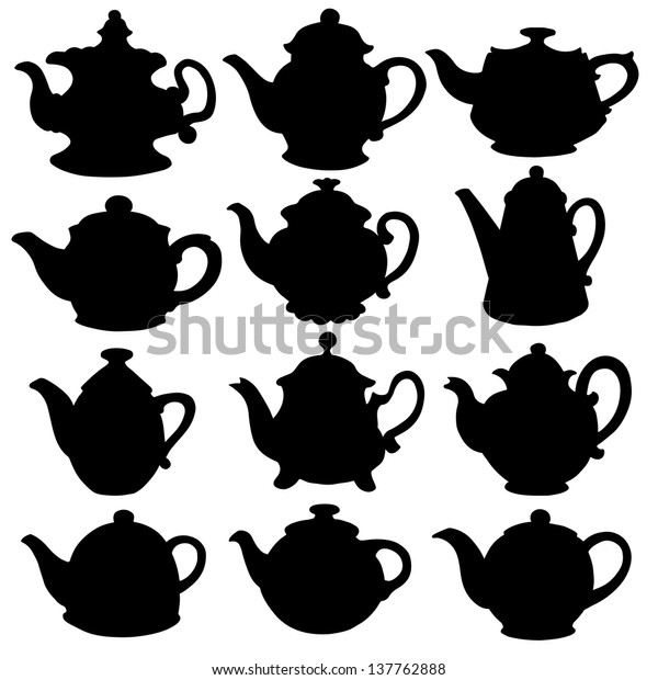 Set isolated icon\
silhouette kettles, teapots, coffee pot. Abstract design logo.\
Logotype art - vector