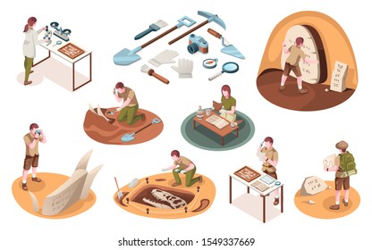 Set of isolated icons for archeology job and paleontology profession. Isometric signs with archeologist and paleontologist with dinosaur bones. Archaeologist tools, brush, shovel. Dig and excavation