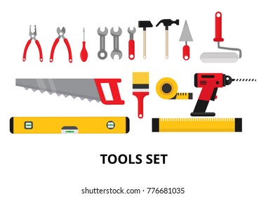 Set isolated icons set building tools repair. Include drill, hammer, screwdriver, saw, file, putty knife, ruler, roller, brush. Kit flat style. Vector illustration 