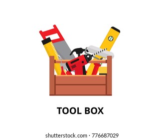Set isolated icons set building tools repair. Include drill, hammer, screwdriver, saw, file, putty knife, ruler, roller, brush. Kit flat style. Tool box. Vector illustration

