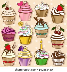 Set of isolated icons of colorful cupcakes