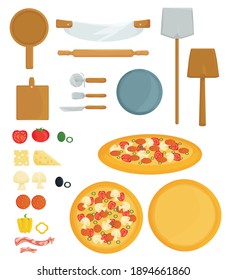 set of isolated icons for cooking pizza. kitchen utensils, ingredients, pizza. cooking tools. vegetables and snacks
