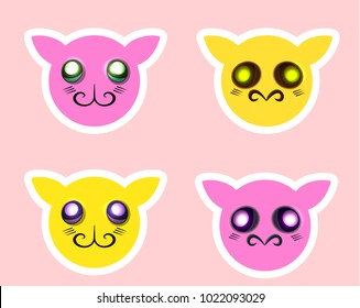 Set of isolated icons with cute animal faces; baby monster expressions for cute simple comic caharcter; bright funny smiles for web, card, game. character design; elf emoji with dparkle crazy eyes