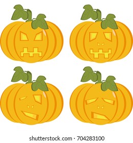Set of isolated icons of dark orange pumpkins with carved horrible and smiling faces. Objects can be used as Jack-o-lantern for decorating postcards and illustrations for the celebration of Halloween