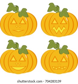 Set of isolated icons of dark orange pumpkins with carved horrible and smiling faces. Objects can be used as Jack-o-lantern for decorating postcards and illustrations for the celebration of Halloween