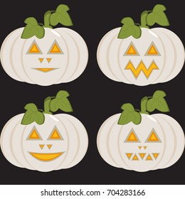 Set of isolated icons of dark orange pumpkins with carved horrible and smiling faces. Objects can be used as Jack-o-lantern for decorating postcards and illustrations for the celebration of Halloween