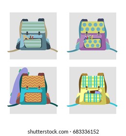 Set of isolated icons with different colorful school backpacks. Four different types of character