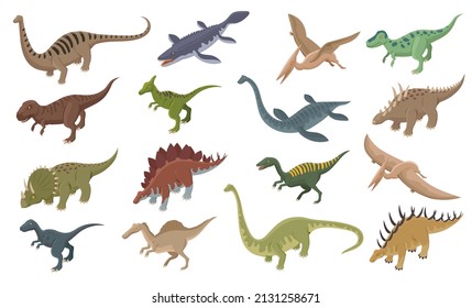 Fijado con íconos aislados de dinosaurios con imágenes isométricas de reptiles de bestias antiguas en ilustración vectorial de fondo en blanco