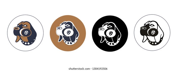 Set of isolated icons of dog wearing respirator mask for prtection. 