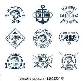 Set of isolated icons with fish for fisherman club. Sport fishing emblem or angler recreation sign. Anchor and carp, rods and hook on nautical logo. Underwater and nautical, sea and river catch theme