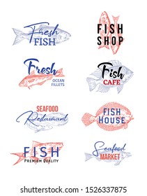 Set of isolated icons with fish sketches. Signs for seafood products or insignia for underwater food. Restaurant and ocean fillet, cafe and house, market badge. Food and nutrition, nautical theme