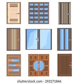 Set isolated Icons in a flat style combined, glass, wood doors for design. Vector illustration