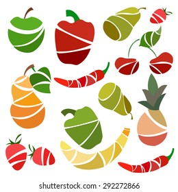 Set of isolated icons in a flat style. Various fruits and vegetables. Pear, pepper, strawberry, banana, pineapple. Concept icons for web and mobile applications. Design elements. Vector illustrations