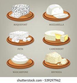 Set of isolated icons of french and italian, polish and greek, ukrainian and romanian cheese. Roquefort and mozzarella, feta and camembert, mascarpone and bryndza. Appetizer and nutrition theme