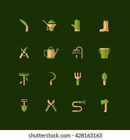  Set of isolated icons of garden and work tools.