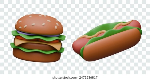 Set of isolated icons, illustrations of fast food in 3D style. Vector detailed burger, hot dog