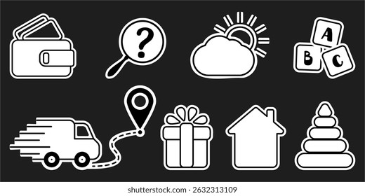 Set of isolated icons for infographics in single flat style. Vector signs for online store design. Truck, delivery, gift, wallet, money, pyramid, cubes, toys, cloud, sun, weather, magnifying glass.