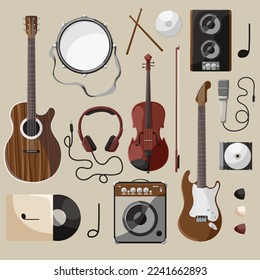 Set of isolated icons of musical instruments. Wooden bass guitar, violin and acoustic speaker. Electric instruments equipment for musician. Retro headphones and vinyl record. Flat Vector Illustration