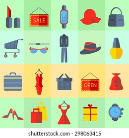 Set of isolated icons on a colorful background clothes. Mens, womens clothing into a flat style for web design of elements of the interface. Dress, lipstick, gift clock. Vector illustration