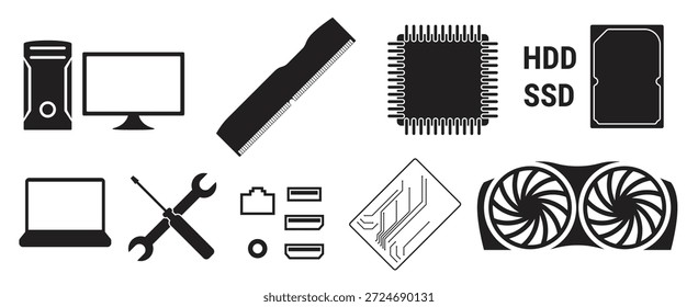 Conjunto de iconos aislados en un hardware de ordenador de tema