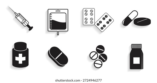 Conjunto de iconos aislados en un tema medicamentos con tabletas 